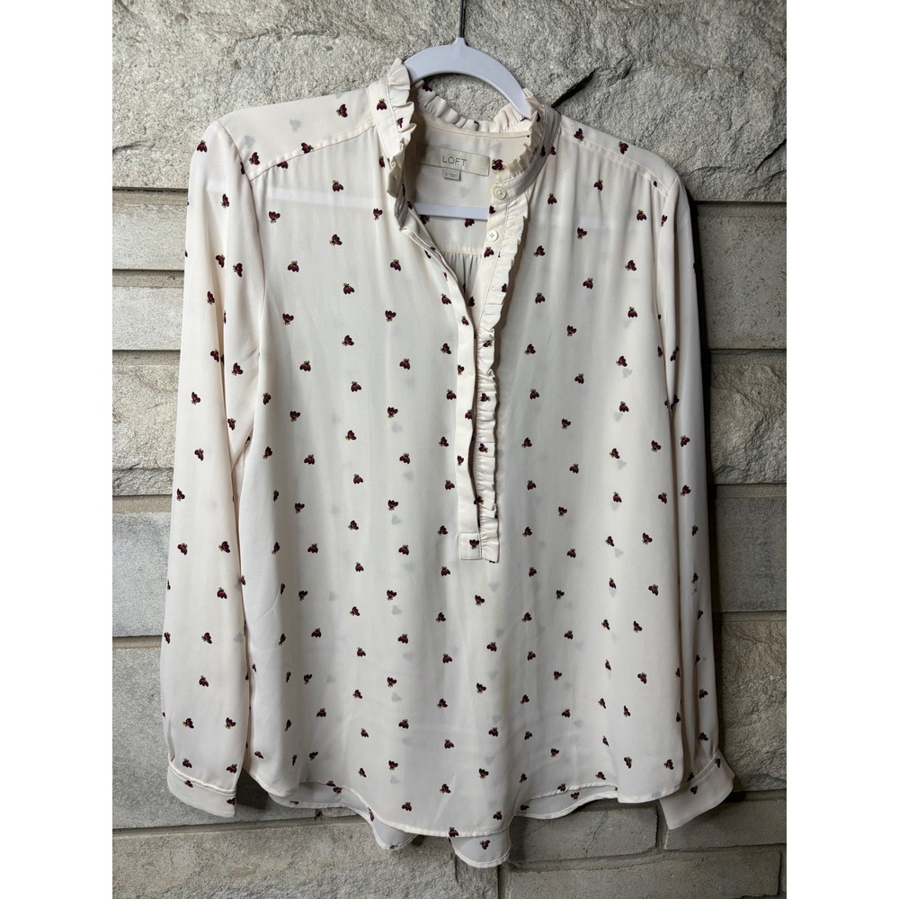 LOFT Womens Small Cream Ruffle Neck Long Sleeve Micro Floral Print‎ Blouse Top